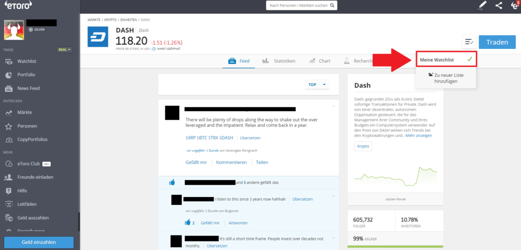 Dash kaufen mit PayPal - Watchlist bei Krypto Dash einstellen