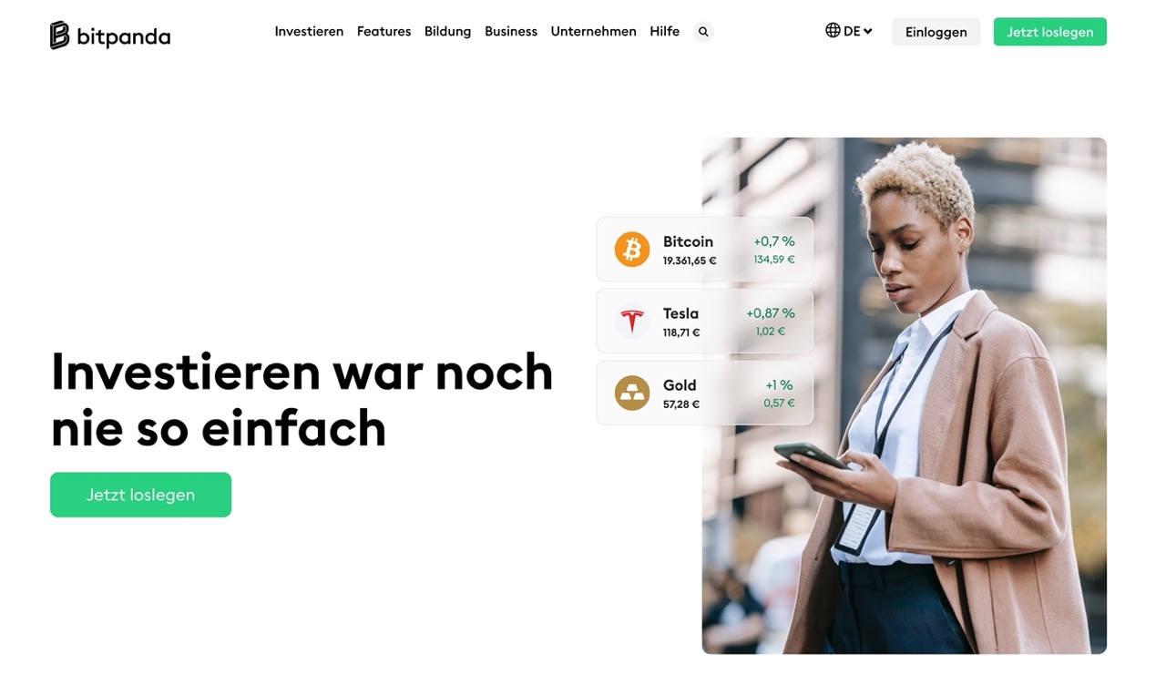 Klicke auf der Startseite von Bitpanda auf "jetzt loslegen", um ein Konto zu erstellen