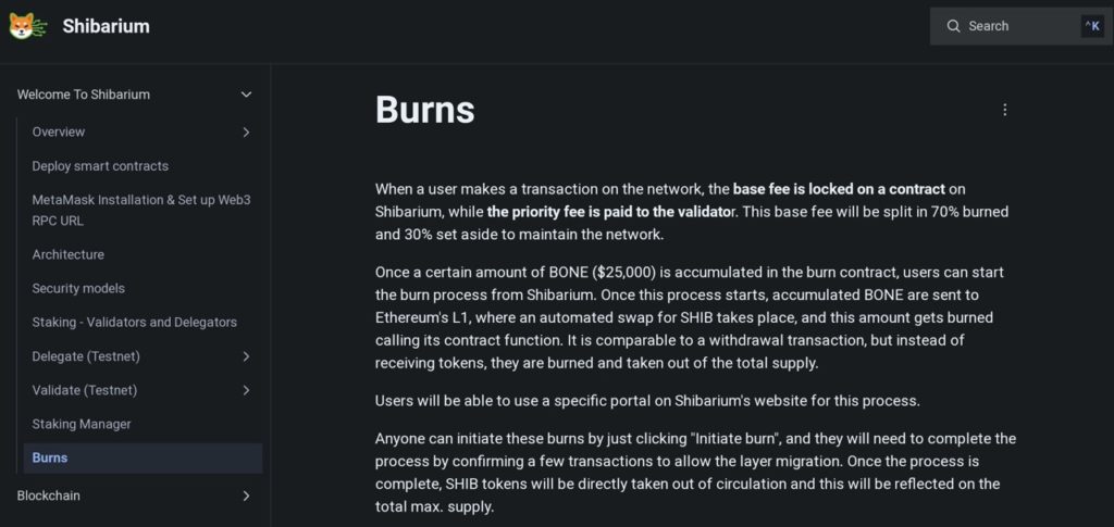 Auch mit der Base Fee auf Transaktionen über Shibarium sollen zukünftig SHIB Tokens verbrannt werden (Quelle: docs.shibariumtech.com)
