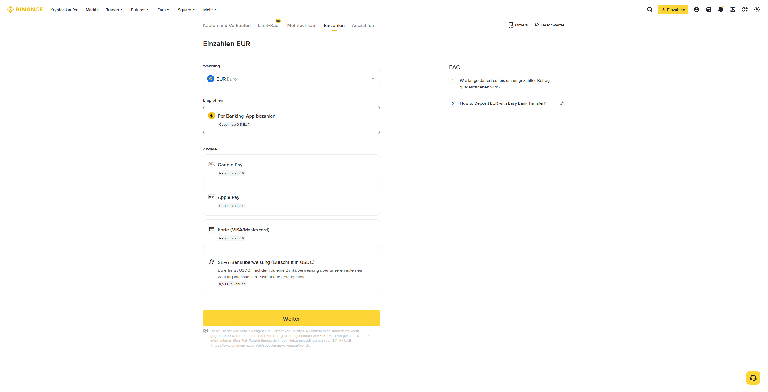 Binance Einzahlung