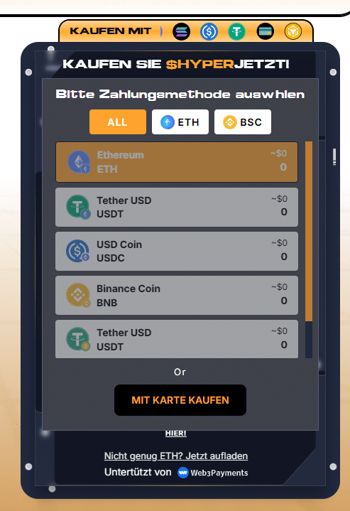 Schritt 2: Wallet mit Krypto aufladen & HYPER kaufen