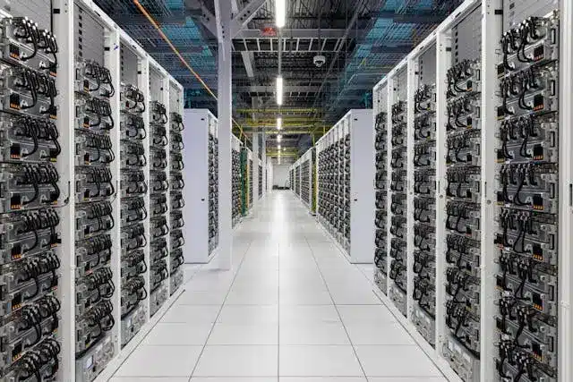 A symmetrical view of rows of high-density server racks in a modern data center with white flooring.
