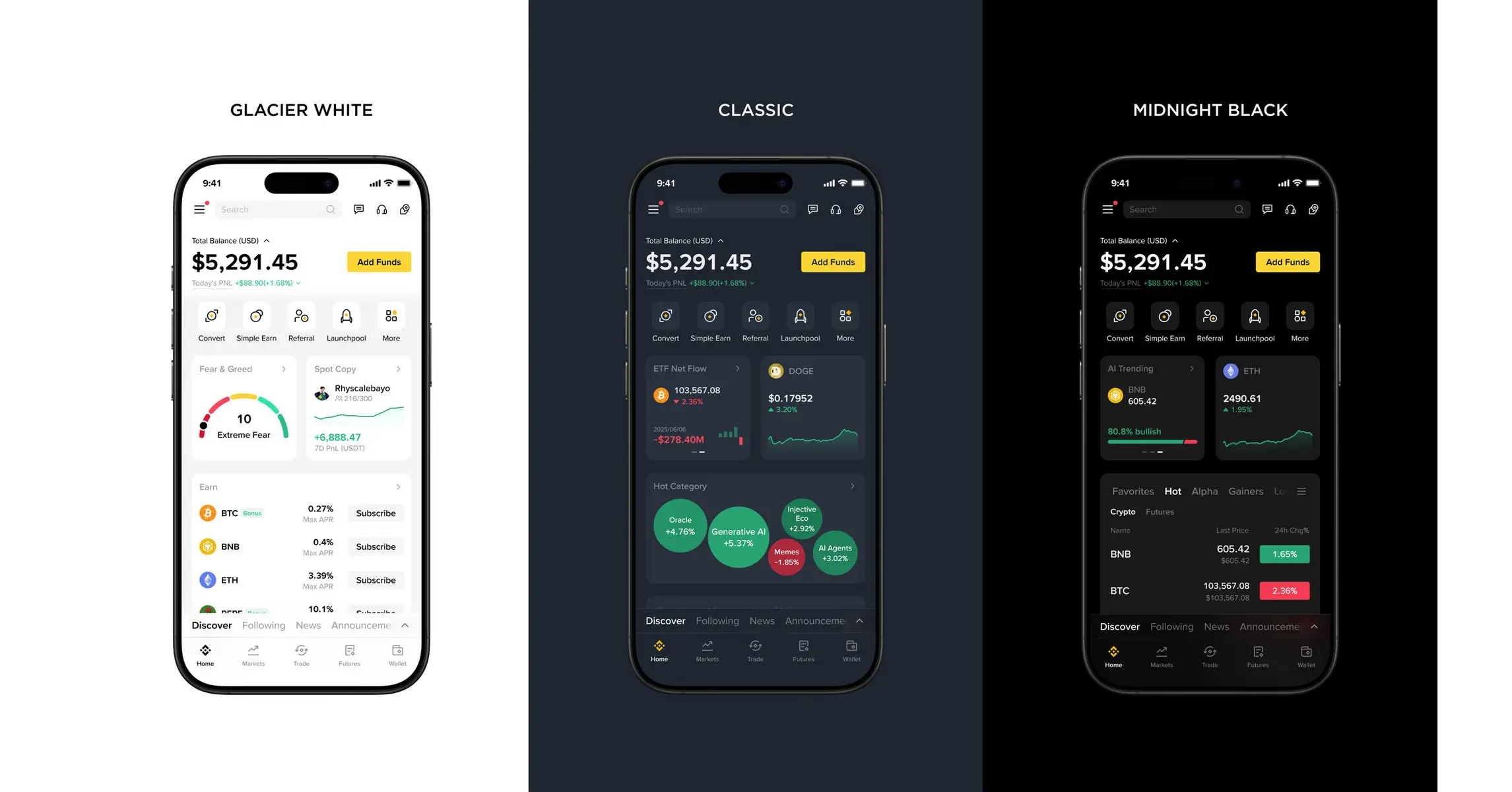 Three smartphone screens showing the Binance crypto exchange app in Glacier White, Classic, and Midnight Black themes.