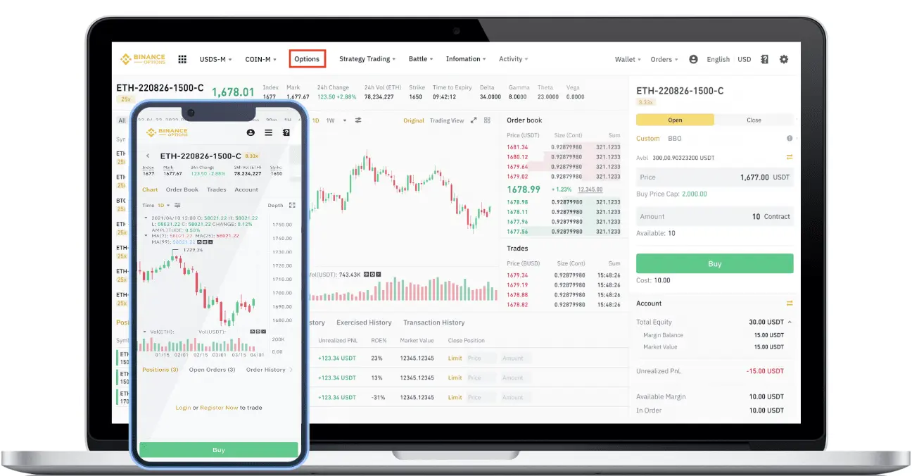 A laptop and smartphone displaying the Binance crypto trading interface with Ethereum options charts and order books.