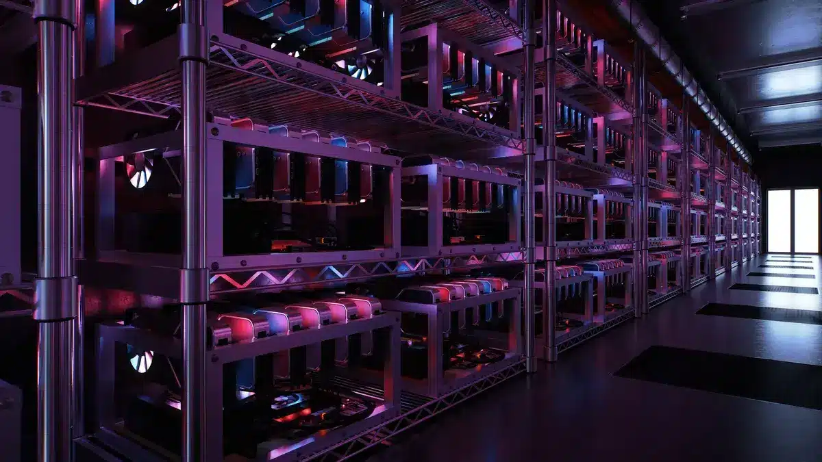 Rows of GPU mining rigs on industrial metal shelving in a data center with purple and blue lighting
