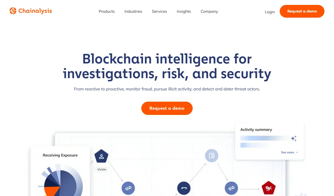 Homepage of Chainalysis featuring blockchain intelligence platform for investigations and risk management.
