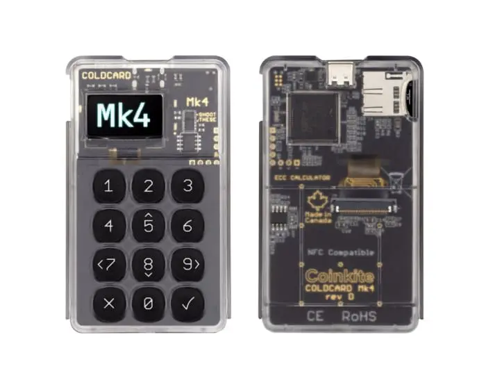 Front and back views of a Coldcard MK4 hardware wallet with a transparent case