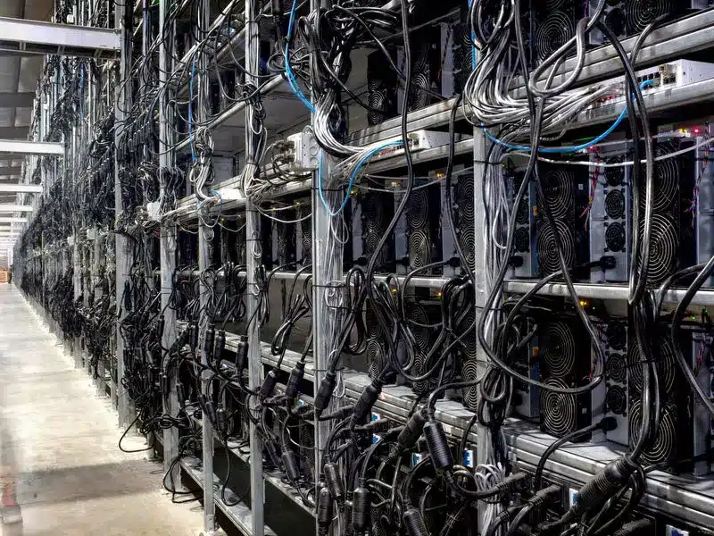 Rows of industrial server racks filled with crypto mining hardware and dense black cabling