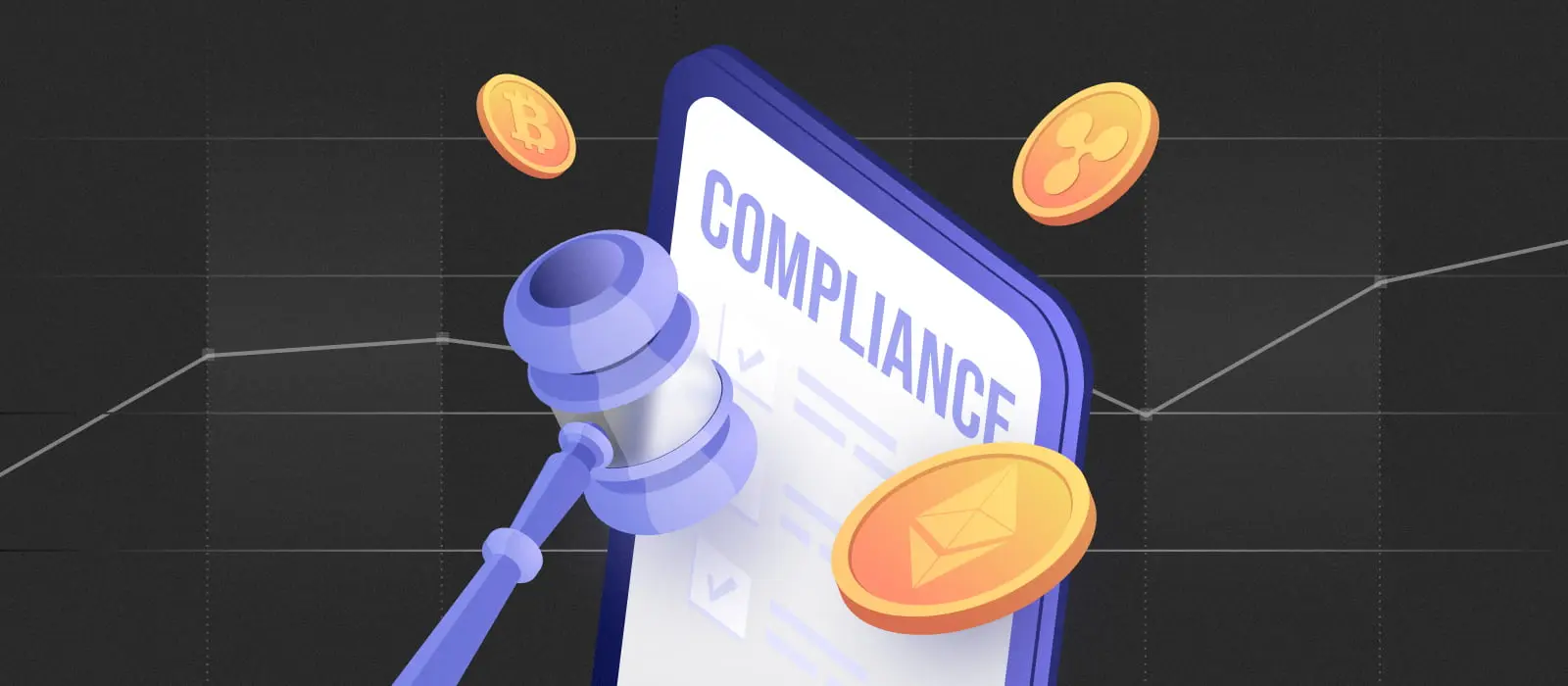 3D illustration of a judge's gavel and a smartphone displaying the word COMPLIANCE surrounded by crypto coins.