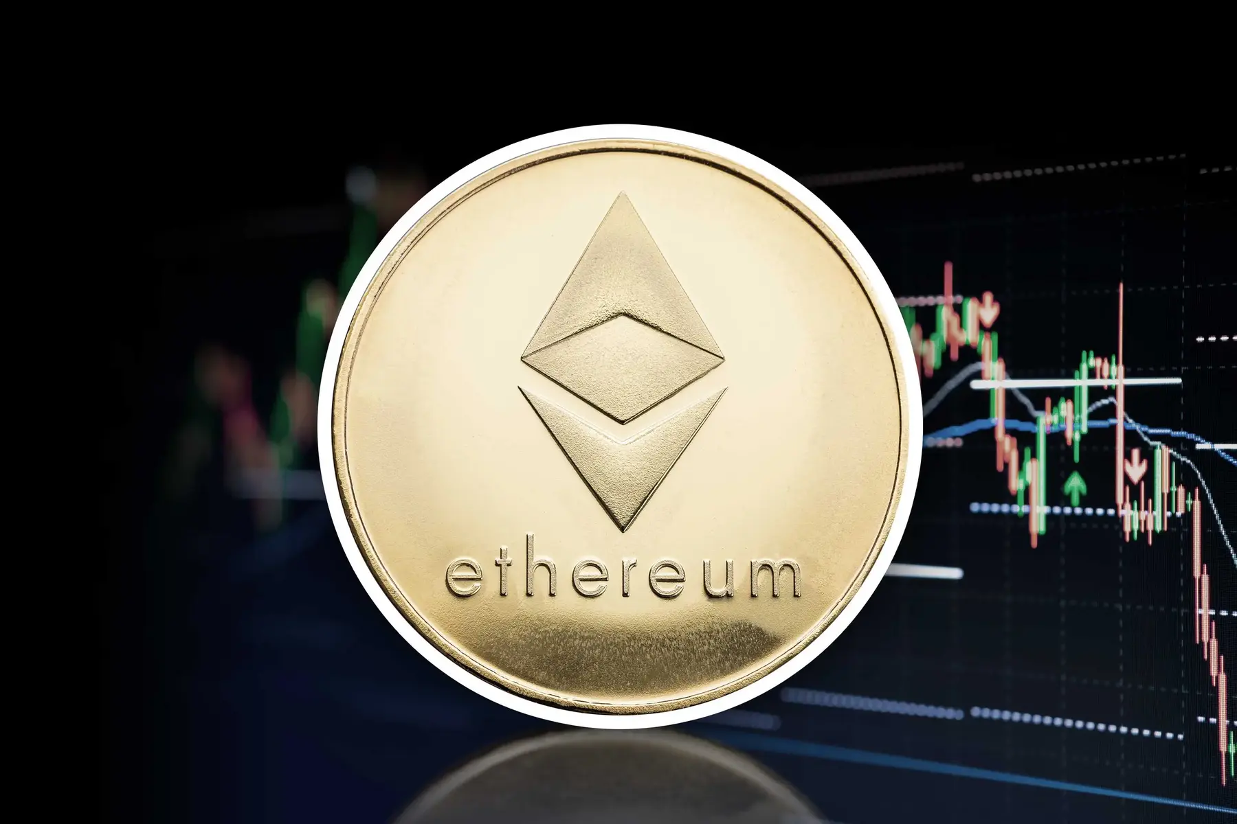 A gold physical Ethereum coin featuring the diamond-shaped logo and text, set against a blurred stock market chart.