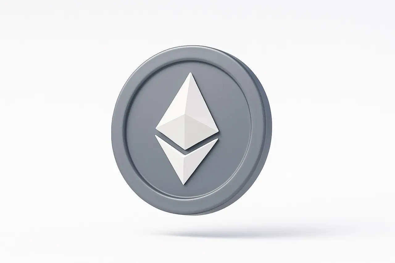 3D render of a grey Ethereum ETH cryptocurrency coin with a white diamond-shaped logo on a white background