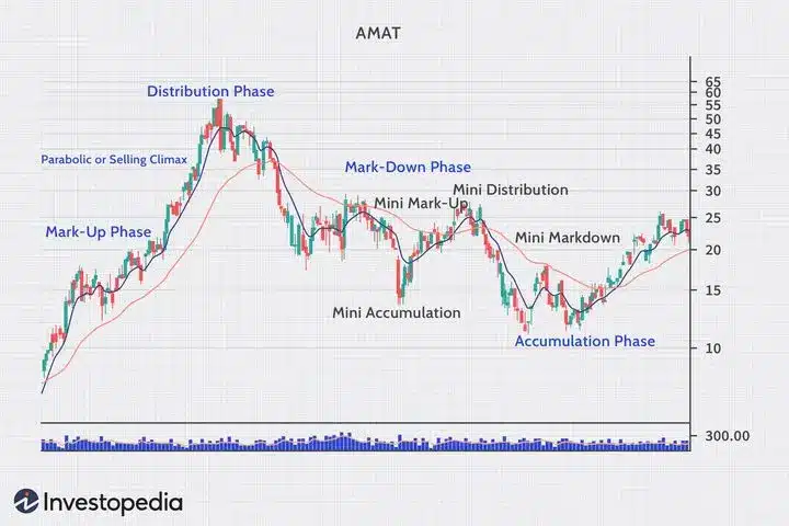 Stock chart for AMAT showing market cycle phases: Mark-Up, Distribution, Mark-Down, and Accumulation.