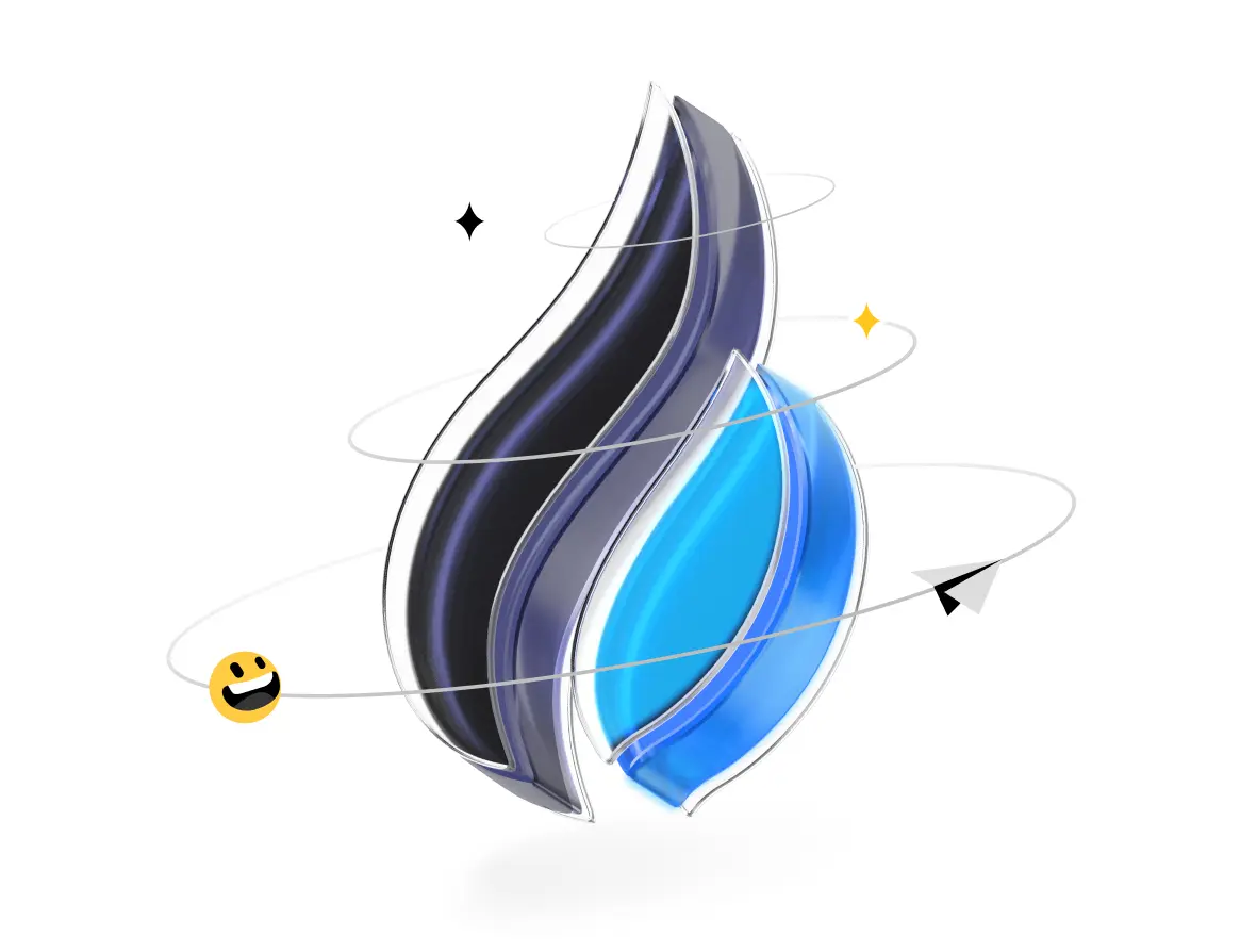 3D rendered HTX crypto exchange logo featuring a blue and black stylized flame with orbital rings