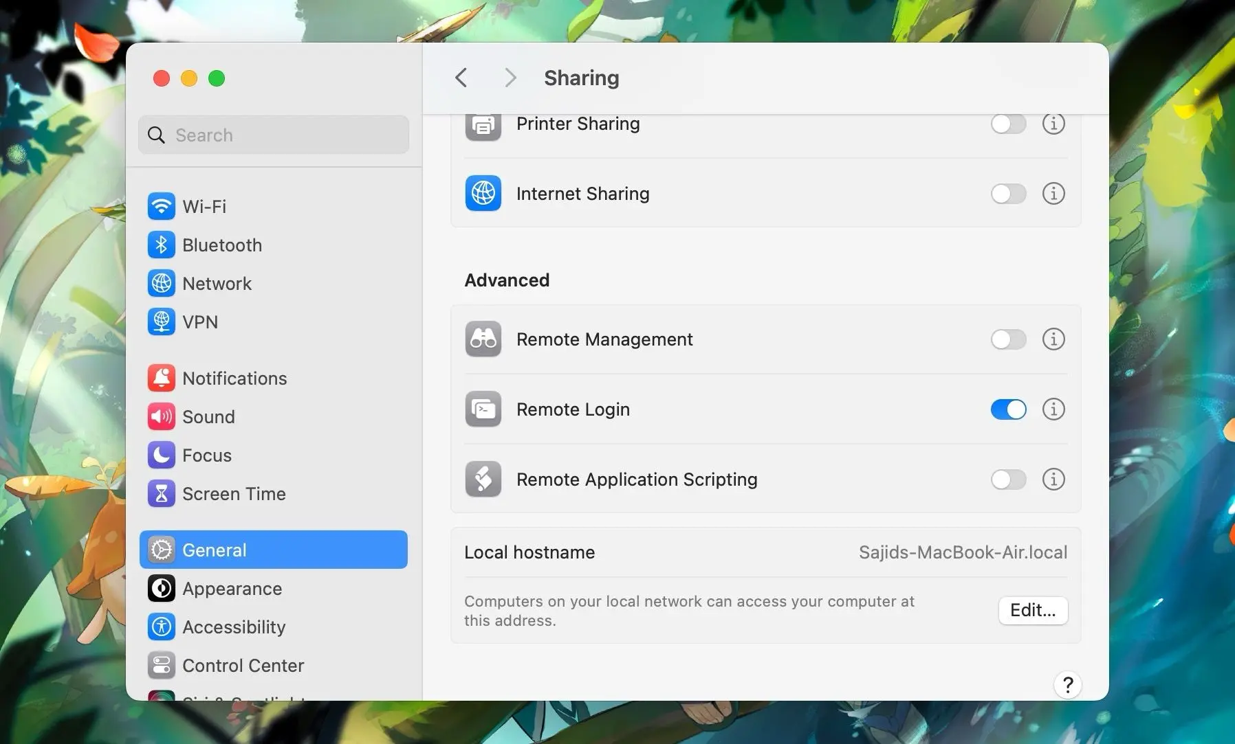 Screenshot of the macOS System Settings Sharing menu showing printer and internet sharing options.