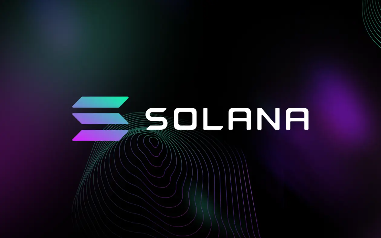 Solana cryptocurrency logo with stylized S icon and text on a dark purple and green abstract background
