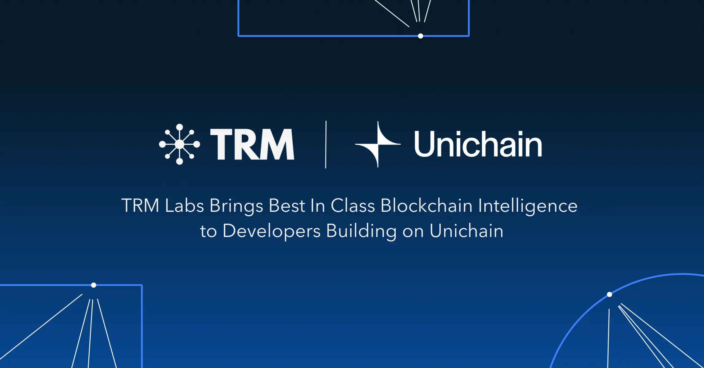 Co-branded graphic featuring TRM Labs and Unichain logos on a dark blue background with geometric lines.